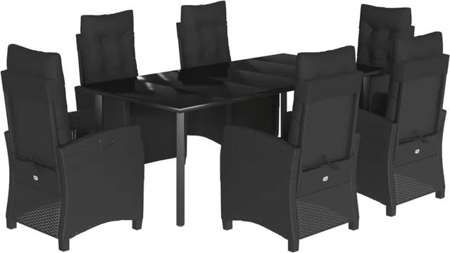 vidaXL 7-teilige Garten-Essgruppe aus Poly Rattan mit Kissen und Tisch aus gehärtetem Glas in Schwarz - Bild 1