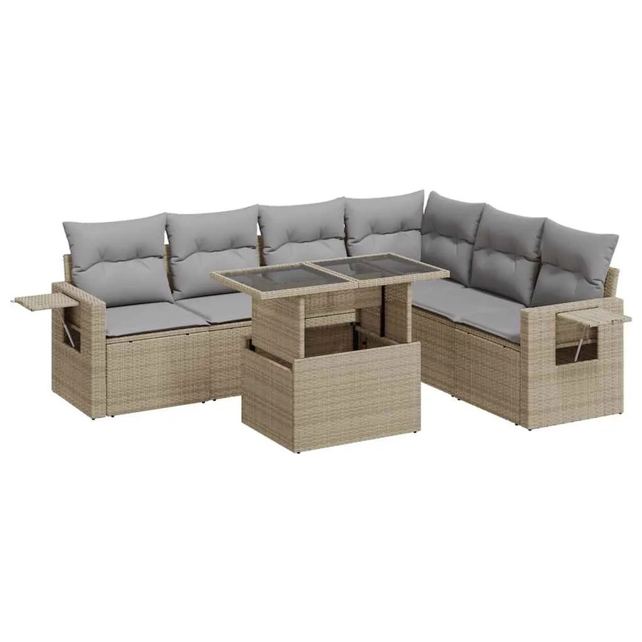vidaXL 7-teilige Garten-Sofagarnitur in L-Form aus Poly-Rattan in Beige-Grau mit Kissen und Armlehnen - Bild 2