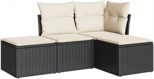 vidaXL 4-tlg Garten-Sitzgruppe in L-Form mit Polyrattan und Kissen, Schwarz - Bild 1