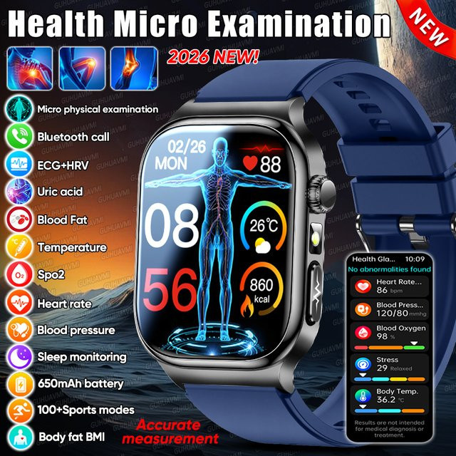 GUHUAVMI Smartwatch mit KI-Gesundheitsdiagnose, EKG, HRV, Blutdruck, Harnsäure und Blutfettmessung, Bluetooth-Anruf, Farbe: Rot - Bild 1