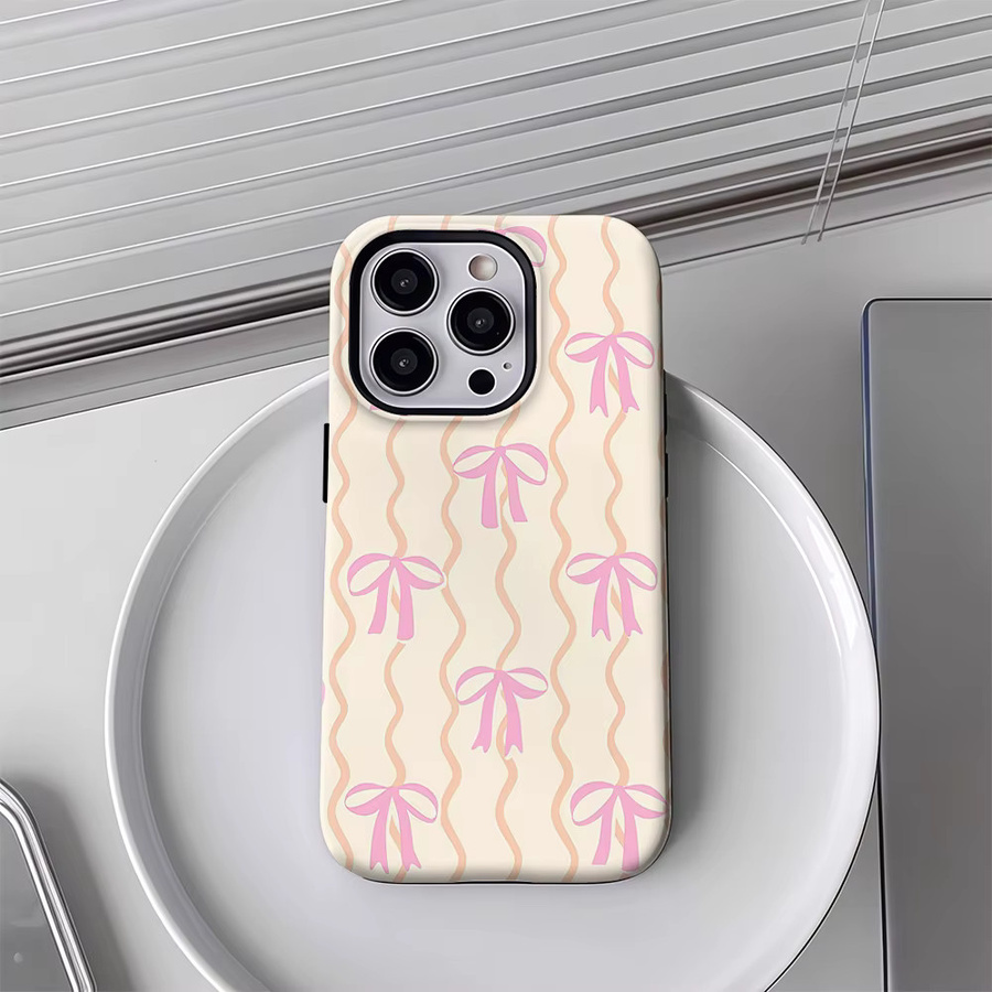 Handyhülle mit rosa Schleife und gewellten Linien für Apple iPhone 17 16 15 14 13 12 Pro Max Plus mit doppelschichtiger Rückseite in Pink - Bild 3