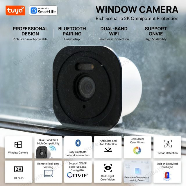Tuya Smart Fensterkamera mit 3MP HD und farbiger Nachtsicht, 2,4/5 GHz WLAN für deine Haussicherheit - Bild 1