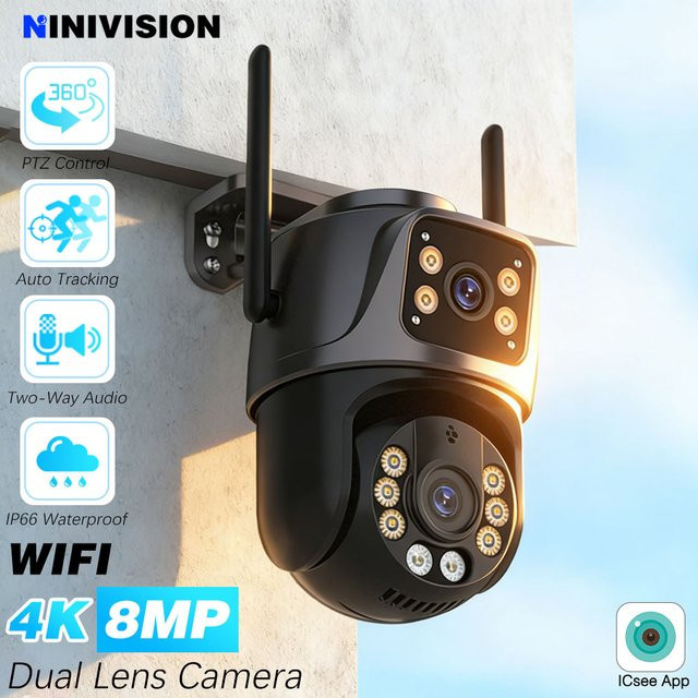 NINIVISION 8MP 4K HD WLAN PTZ-Kamera für den Außenbereich mit 4MP Dual-Objektiv, Dual-Bildschirm, KI-Auto-Tracking und iCSee in Schwarz - Bild 1