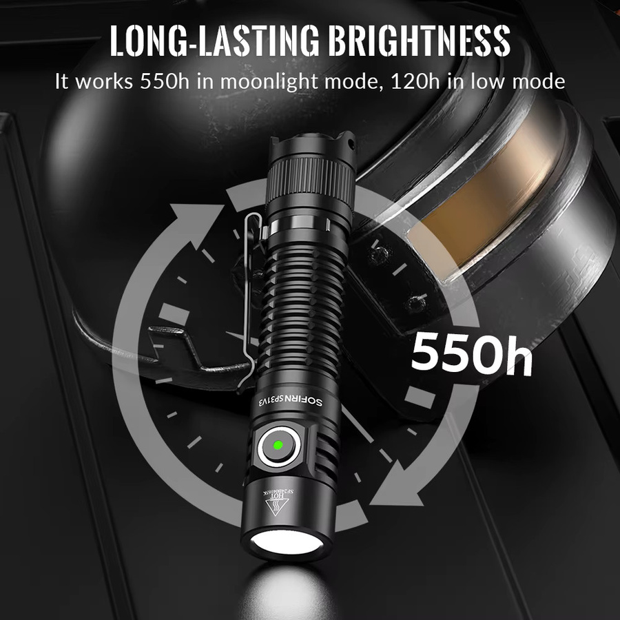 SOFIRN SP31 V3.0 Taktische LED-Taschenlampe mit Doppelschalter, USB-C, 18650 Wiederaufladbar, Leistungsanzeige, Schwarz - Bild 2