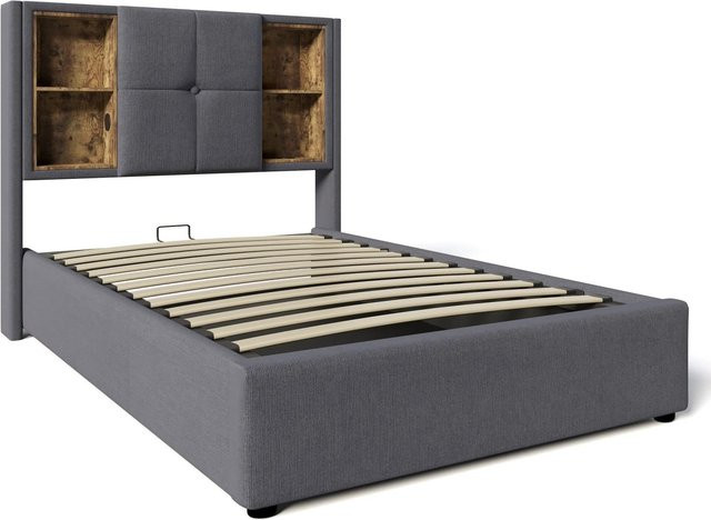 okwish Polsterbett mit Stauraum und USB-Anschluss in Grau, Leinen, B/T/H: 90 x 200 x 100,5 cm - Bild 1