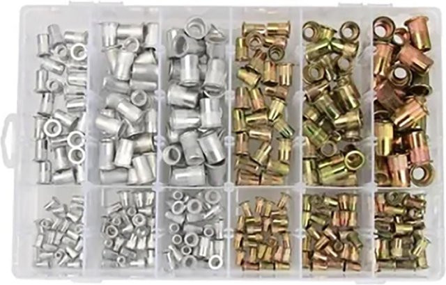 300 Stück Blindnietmuttern-Kit mit Flachkopf Gewindeeinsatzmuttern in den Größen M3 M4 M5 M6 M8 M10 aus verzinktem Stahl und Aluminium in Silber - Bild 1