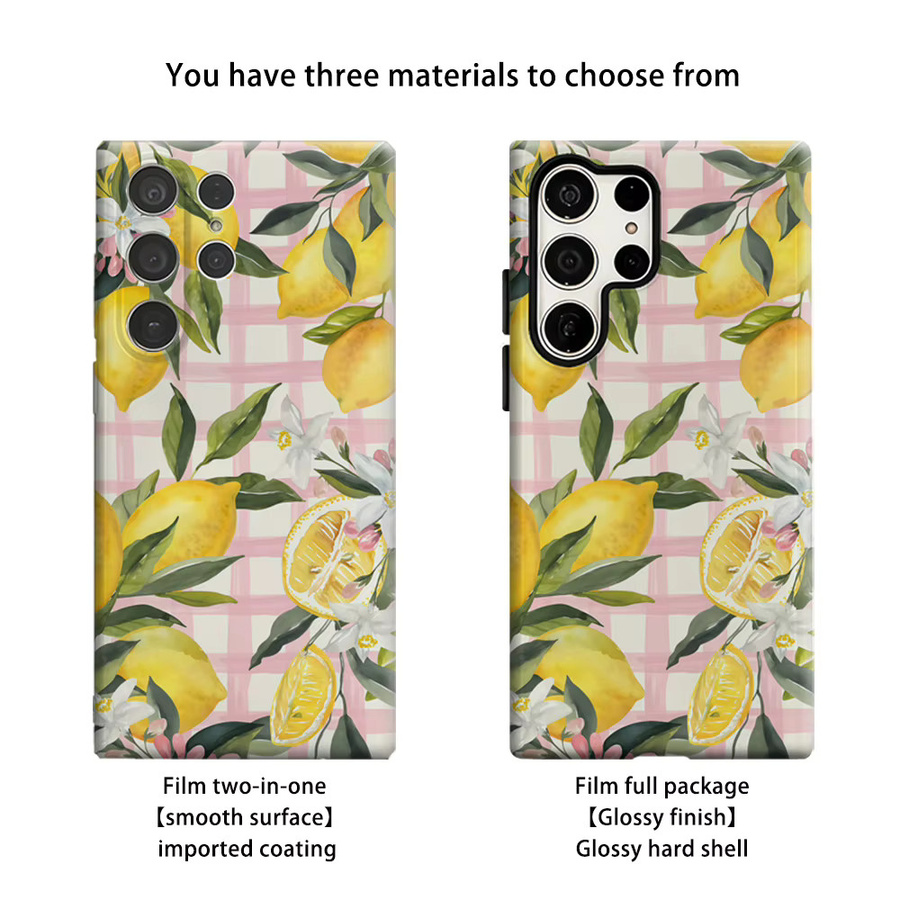 Stoßfeste Doppelschicht Handyhülle mit rosa Gingham Zitronen- und Blumenmuster für Samsung Galaxy S25 Ultra, S24 und S23 Ultra Plus - Bild 2