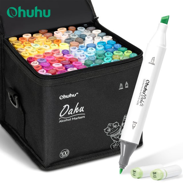 Ohuhu Oahu Alkohol-Marker Set mit 100 Farben, Doppelspitzen Filzstifte für Manga, Graffiti und Skizzen, Mehrfarbig - Bild 1
