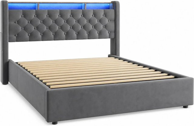 okwish Polsterbett mit LED-Beleuchtung und Bettablage in Grau, B/T/H: 140 x 190 cm - Bild 1