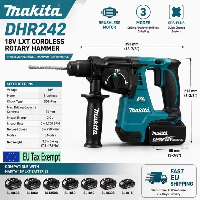 Makita LXT 18V Akku-Bohrhammer DHR242 mit SDS Plus und 2.0J Betonbohrer-Set - Bild 1