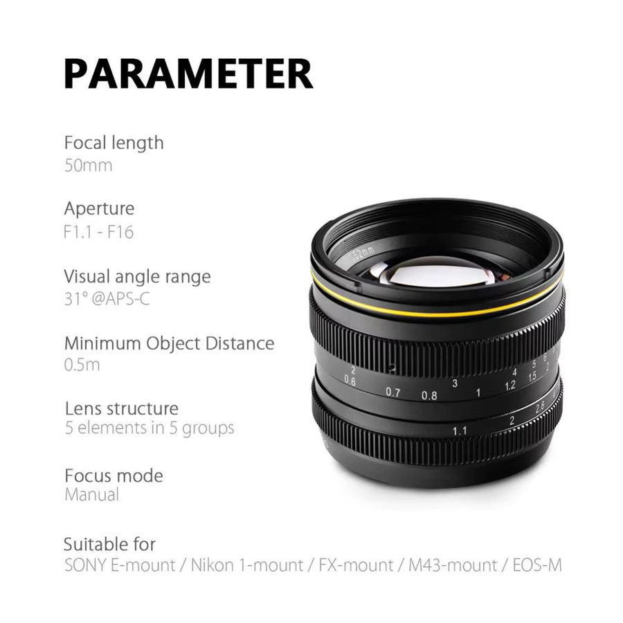 Kamlan 50 mm f1.1 APS-C Objektiv mit manueller Fokussierung für Sony E-Mount, Schwarz - Bild 4