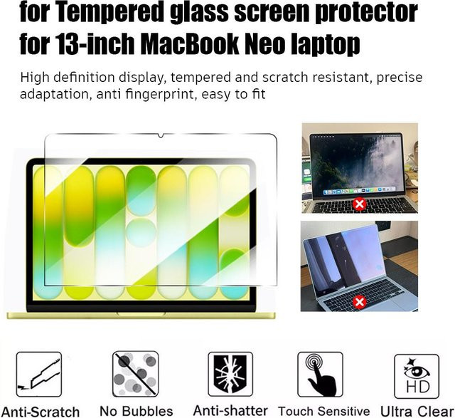 Apple Displayschutzfolie aus gehärtetem Glas für 13-Zoll MacBook Neo 2026 Modelle A3404 A3405, transparent, 0,3 mm, 2,5D gebogene Kante, kratzfest - Bild 1