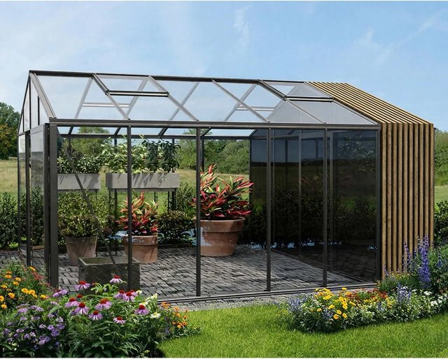 Bloomcabin Gewächshaus Klassik mit integriertem Stauraum und Accoya-Fusion in Anthrazit Schwarz mit Sicherheitsglas und Belüftungssystem - Bild 1