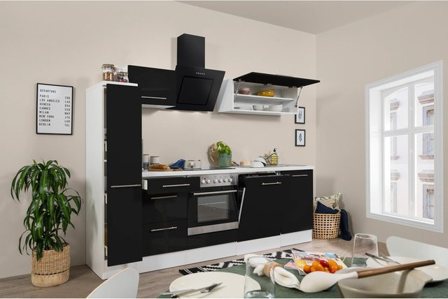 Respekta Premium Küchenzeile modern in Schwarz Hochglanz und Weiß mit Soft-Close-Türen und Schubladen, B/T/H: 250 x 60 x 200 cm - Bild 1
