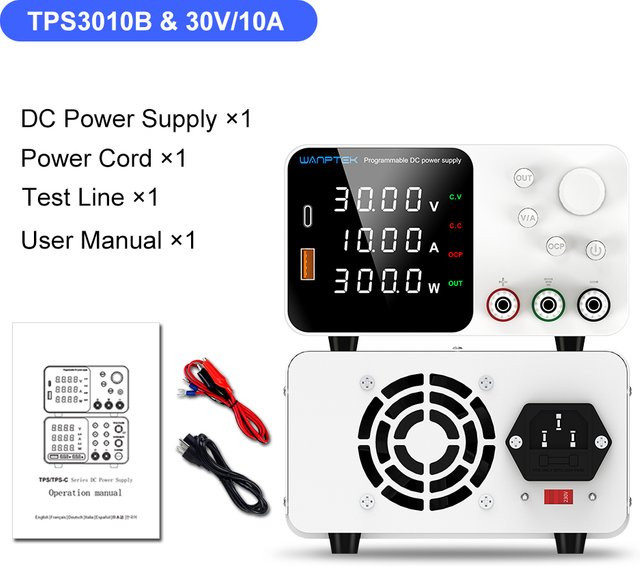 Wanptek Labornetzteil Einstellbares DC-Netzteil 30V 10A mit USB-C Schnellladung in Weiß - Bild 1
