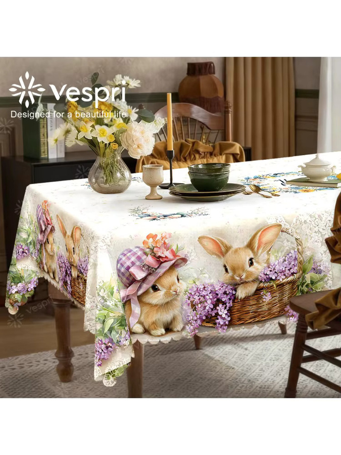 Vespri Oster-Tischdecke aus Polyester in Weiß und Lila mit Blumen- und Hasenmuster für Party und Dekoration - Bild 4