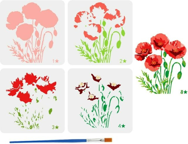 4 Stück realistische Blumen-Malschablonen mit Pinsel, wiederverwendbare Blumen-Blatt-Muster Vorlagen aus Kunststoff, B/B: 30 x 30 cm - Bild 1