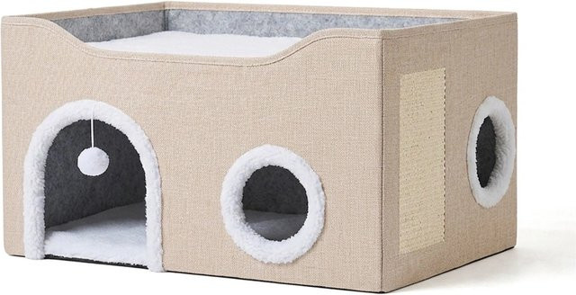 Relaxdays Katzenhöhle aus Karton und Polyester mit Sisal-Kratzbrett in Beige, B/T/H: 60 x 34 x 40 cm - Bild 1