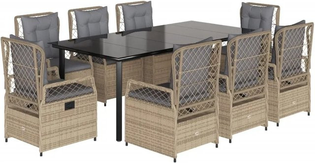 vidaXL 9-teilige Garten-Essgruppe aus Poly Rattan in Beige mit Kissen und Glastisch - Bild 1