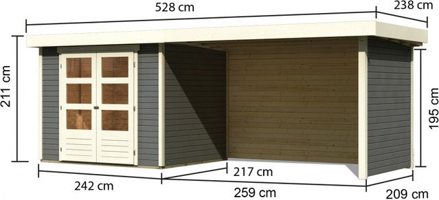 Karibu Gartenhaus ASKOLA 3 aus Holz in Terragrau mit Anbaudach und Rück- sowie Seitenwand, Flachdachhaus aus nordischer Fichte, B: 242 cm, T: 217 cm, H: 211 cm - Bild 1