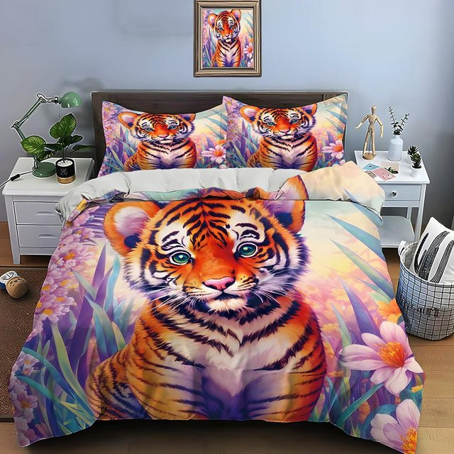 Flylo Bettwäsche-Set mit Tigerbaby-Blumendruck und Reißverschluss, B/H: 135 x 200 cm - Bild 1
