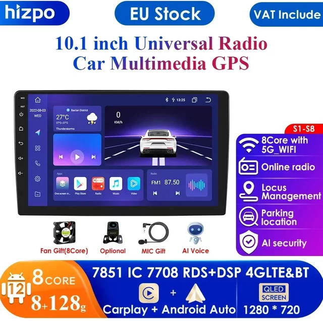 HIZPO Doppel DIN Autoradio mit 10,1 Zoll Android 14, 8GB RAM + 128GB Speicher, GPS Navi, Carplay und Bluetooth, Schwarz - Bild 1