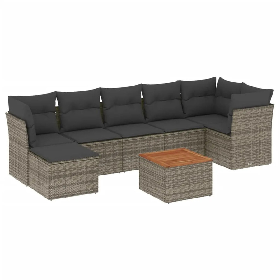 vidaXL 8-teilige Garten-Sofagarnitur in L-Form aus grauem Poly-Rattan mit Kissen und Akazienholz - Bild 2