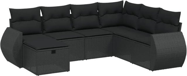 vidaXL 7-tlg Garten-Sofagarnitur in L-Form aus schwarzem PE-Rattan mit Kissen und pulverbeschichtetem Stahlgestell - Bild 1