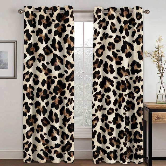 Yiran Furniture Vorhänge mit Leopardenmuster in Gold und Multicolour, 2er-Set, semi-transparent, Ösenaufhängung, Breite: 100 cm, Höhe: 130 cm - Bild 1