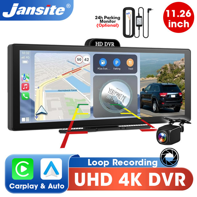 Jansite 4K Dash Cam DVR mit 10,26 Zoll Display, Wireless CarPlay & Android Auto, GPS Navigation und Multimedia Player in Schwarz - Bild 1
