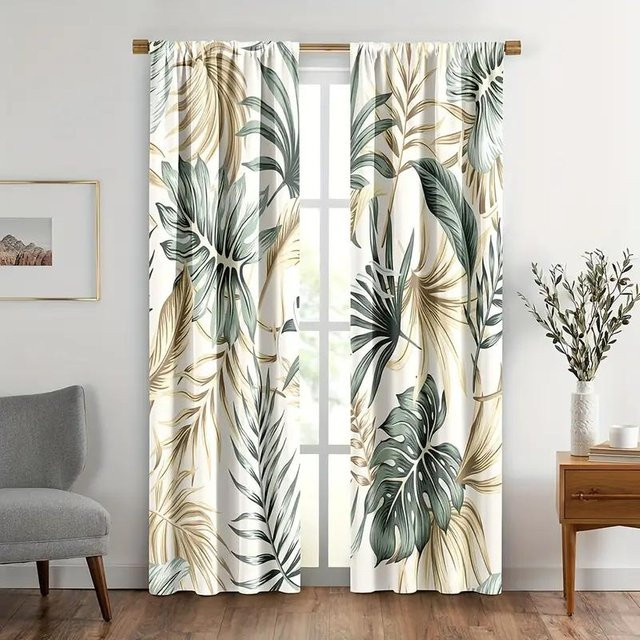 2er-Set Vorhang mit Palmenblattdruck von Household supplies MH, halbtransparent, B: 150 cm, H: 166 cm, mehrfarbig - Bild 1