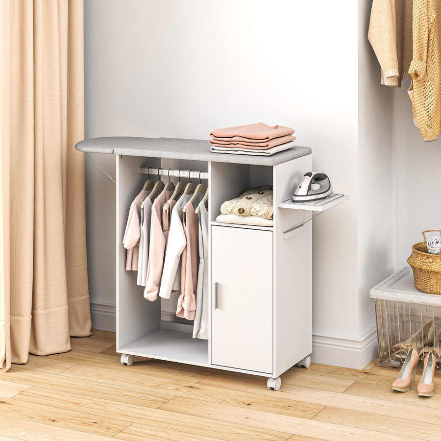 HOMCOM Mobiles Bügelbrett aus Spanplatte mit Leinenstoff-Ablagefläche, 3 Würfelregalen und Aufhängung, Weiß, B/T/H: 127 x 42,5 x 99 cm - Bild 2