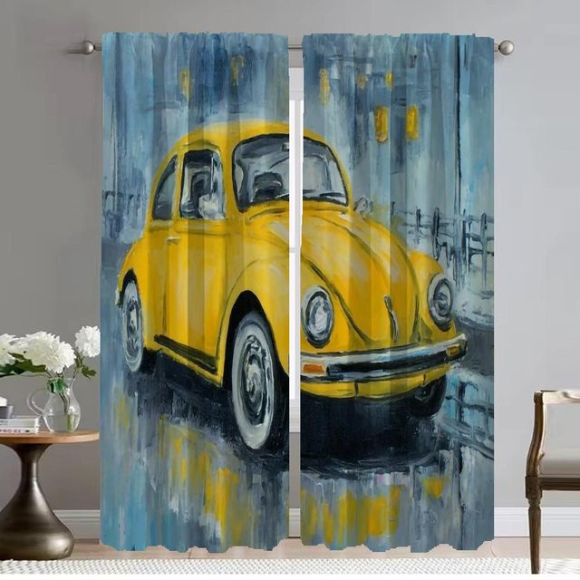 2er-Set Küchenvorhänge mit Aquarell-Autodesign, halbtransparente Tüll-Fenstervorhänge für Wohnzimmer und Schlafzimmer, Mehrfarbig, Breite: 50 cm, Höhe: 70 cm - Bild 1