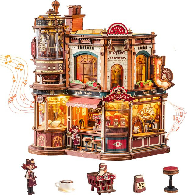 ROBOTIME Kaffeefabrik, 3D Holzpuzzle, Kinetisches Modell, ab 14 Jahre - Bild 1