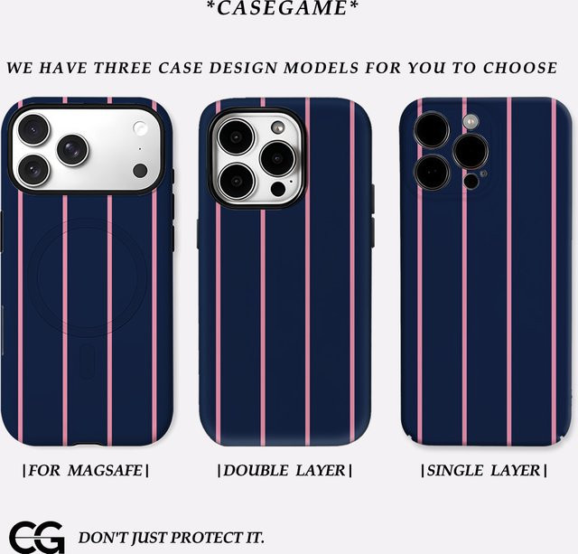 Potdemiel iPhone Handyhülle mit marineblauen und rosafarbenen Streifen und doppellagiger Rückseite für iPhone 16, 15, 14, 13, 12, 11 und Pro Max Plus - Bild 1