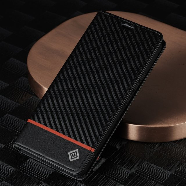 EUCAGR Handyhülle aus Carbonfaser und PU-Leder für Xiaomi 17T Pro mit Kartenfach und Abdeckung, Schwarz - Bild 1