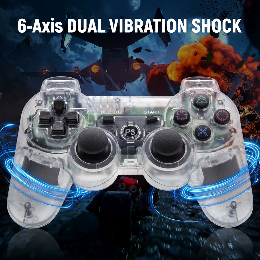 GAMROMBO Controller für Playstation 3, PC, Android und Smart TVs, 6-Achsen Dual-Vibration Gamepad mit 360 Grad Joystick in Blau Transparent - Bild 3