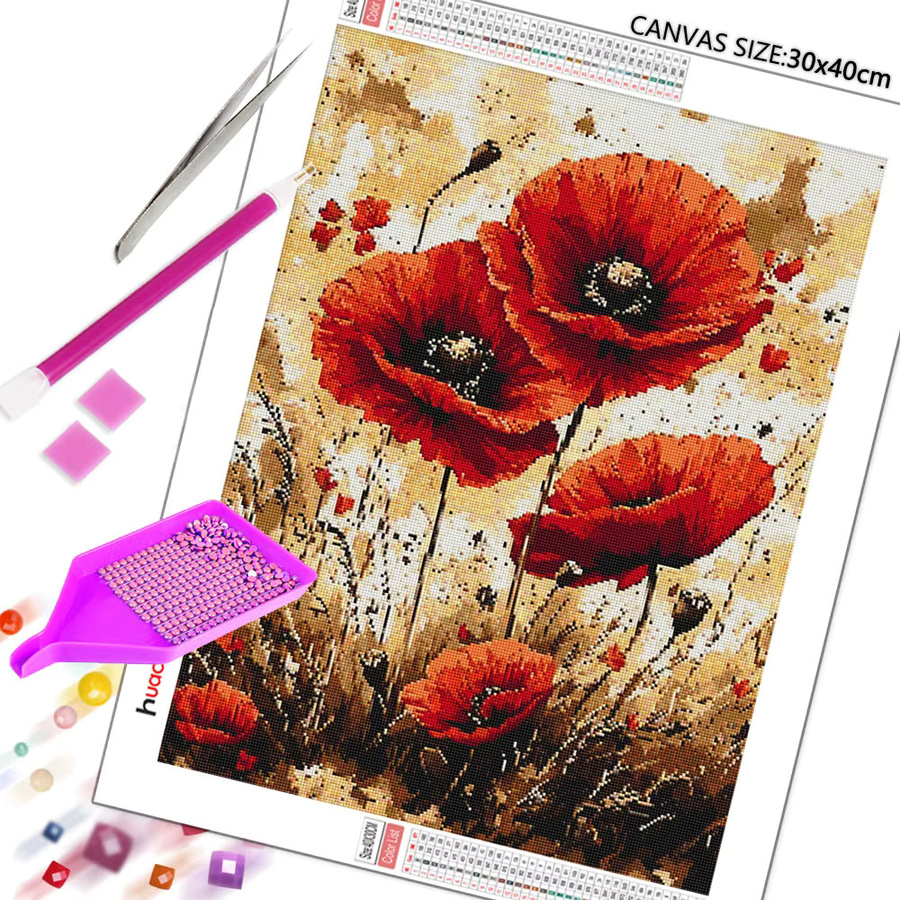 Huacan 5D-Diamantgemälde Mohnblume in Rot, rundes Stickerei-Set zur Wanddekoration - Bild 2