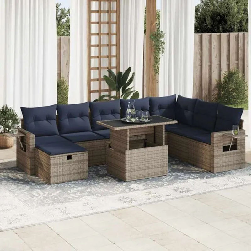 9-teilige moderne Garten-Sofagarnitur aus Poly-Rattan und Akazienholz mit Kissen in Grau von vidaxl - Bild 1