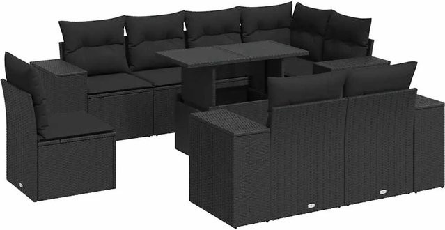 vidaXL 9-tlg. Garten-Sofagarnitur in L-Form aus schwarzem PE-Rattan mit Kissen und pulverbeschichtetem Stahlgestell - Bild 1