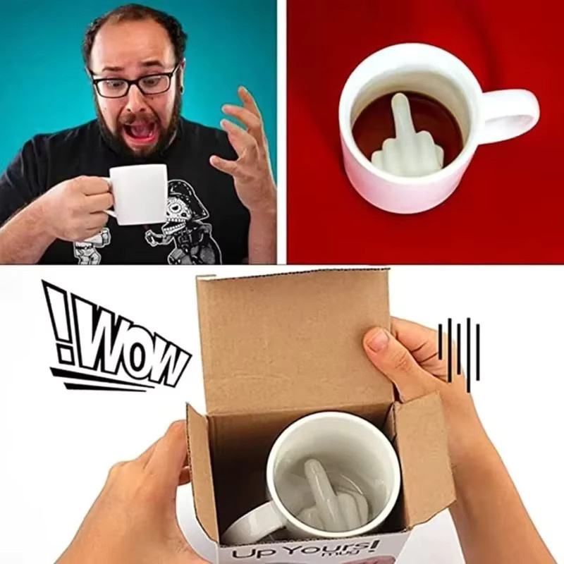 Raise Up Yours Keramiktasse mit Mittelfinger-Motiv in Weiß, personalisierbar und lustig für Kaffee oder Tee - Bild 3