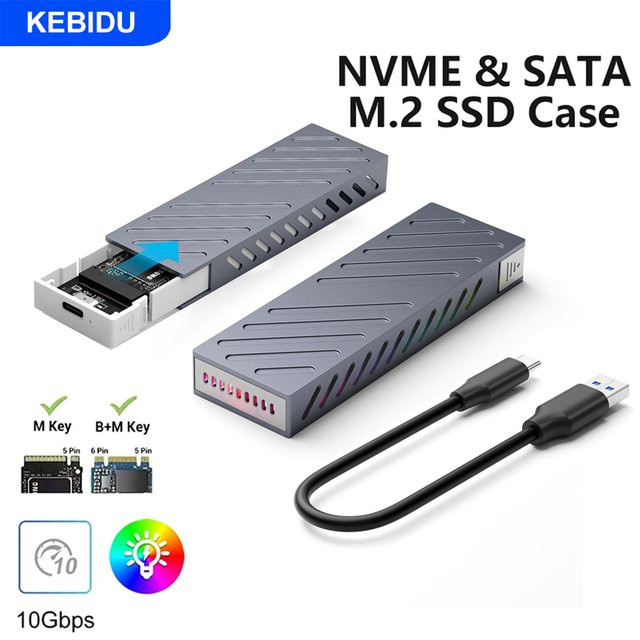 Kebidu M.2 NVMe SATA SSD Gehäuse mit RGB, USB-C 3.1 Gen2 10 Gbit/s, Externer Adapter für 2230/42/60/80, Multicolour - Bild 1