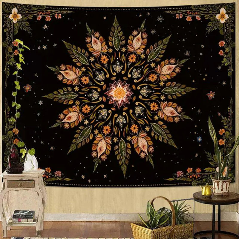 VIKAMA Bohemian Mandala Wandteppich mit floralem Print in Schwarz und Grün, rechteckiges Textil-Wandbild zur Dekoration - Bild 1