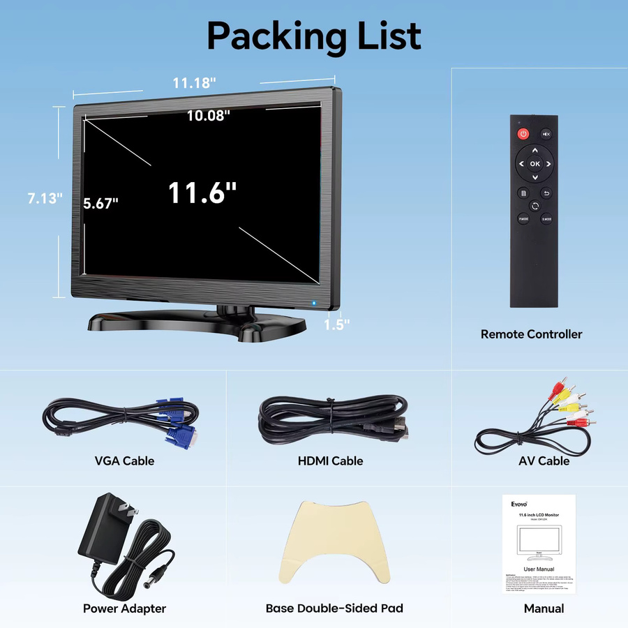Eyoyo 12 Zoll Überwachungskamera-Display mit Full HD LED-Bildschirm, HDMI, VGA, AV, BNC und USB-C, Schwarz - Bild 7