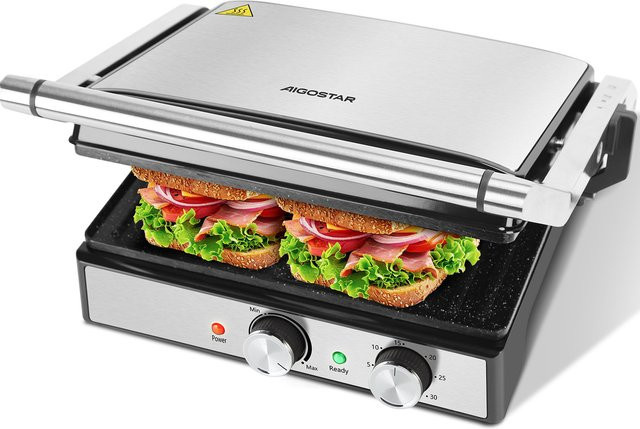 Aigostar Kontaktgrill in Silber mit Keramikbeschichtung, 2000 Watt, Panini Grill und Sandwichmaker mit 30 Minuten Timer, einstellbarem Thermostat und 180 Grad Öffnung - Bild 1