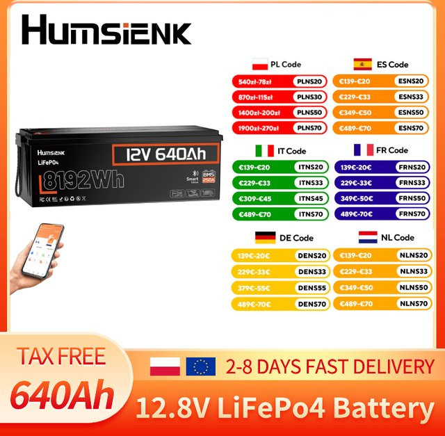 Humsienk 12V 640Ah LiFePO4 Lithium-Batterie mit Bluetooth in Schwarz, 250A BMS, 15000+ Zyklen, IP65 & Tieftemperaturschutz, 8192Wh Ausgangsleistung - Bild 1