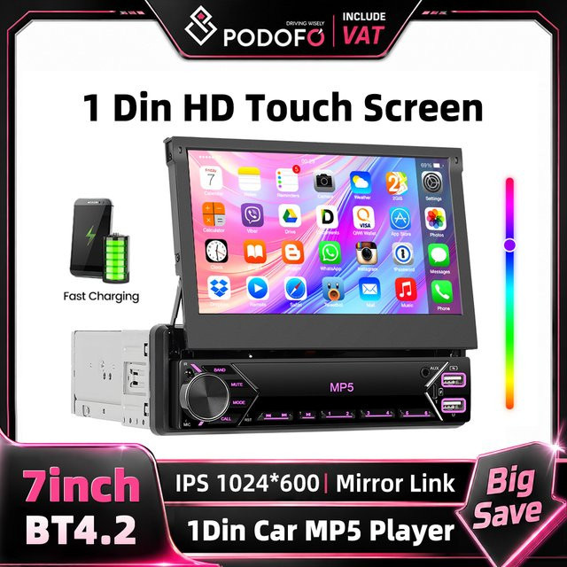 Podofo 1DIN MP5-Player Autoradio mit 7 Zoll HD manuell einziehbarem Bildschirm, FM-Radioempfänger und Multimedia-Funktion, Schwarz - Bild 1