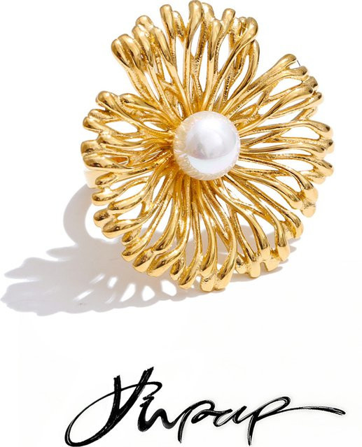 Yhpup Ring Edelstahl, Perle, Blume, verstellbar, Gold, Unisex - Bild 1