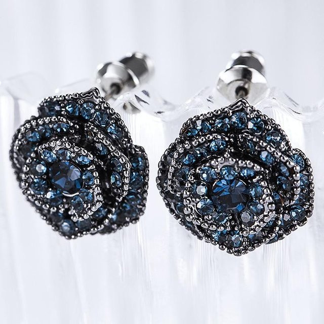 Ohrringe Vintage, Rose Blume, Blau, Kristall, Zirkonia, Silber, Messing, Damen - Bild 1