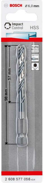 Bosch HSS-Spiralbohrer Impact Control aus Stahl in Silber, Durchmesser: 6 mm, Länge: 98 mm, Gesamtlänge: 57 mm - Bild 1